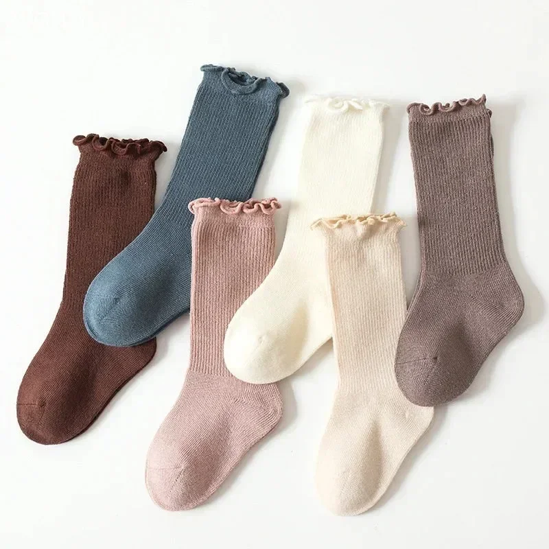 Autumn Baby Ruffle Girls Socks Knee High Cotton Long Sock Kids Soft Solid Toddlers Socks Children Princess for 0-5Y Spring