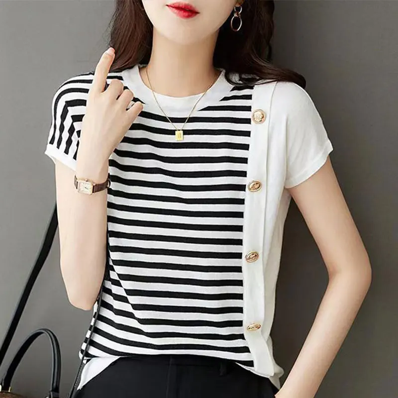 

Elegant Fashion Harajuku Slim Fit Female Clothes Loose Casual All Match Knitwear Stripe Button O Neck Short Sleeve T-shirts