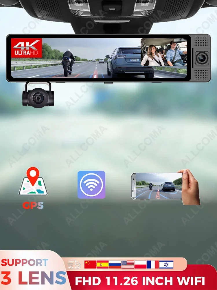 

Видеорегистратор в зеркало заднего вида Sony IMX415, 11,26 дюйма, 3 объектива, 4K, WIFI, GPS