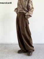 Mauroicardi Spring Autumn Long Coffee Flowy Baggy Wide Leg Pants for Mens Belt Korean Fashion Loose Casual Soft Trousers 2024 1