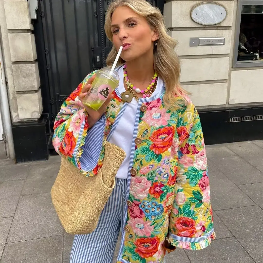 

Casual Loose Winter Outwear O-neck Light Warm Quilted Coat Jacket Ethnic Floral Printed Long Sleeve Parkas Women Coats