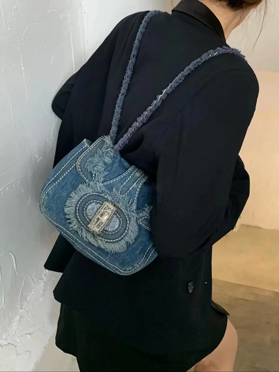 

Internet Celebrity Retro Versatile Casual Washed Denim Chain Single Shoulder Handbag New Women's Bag