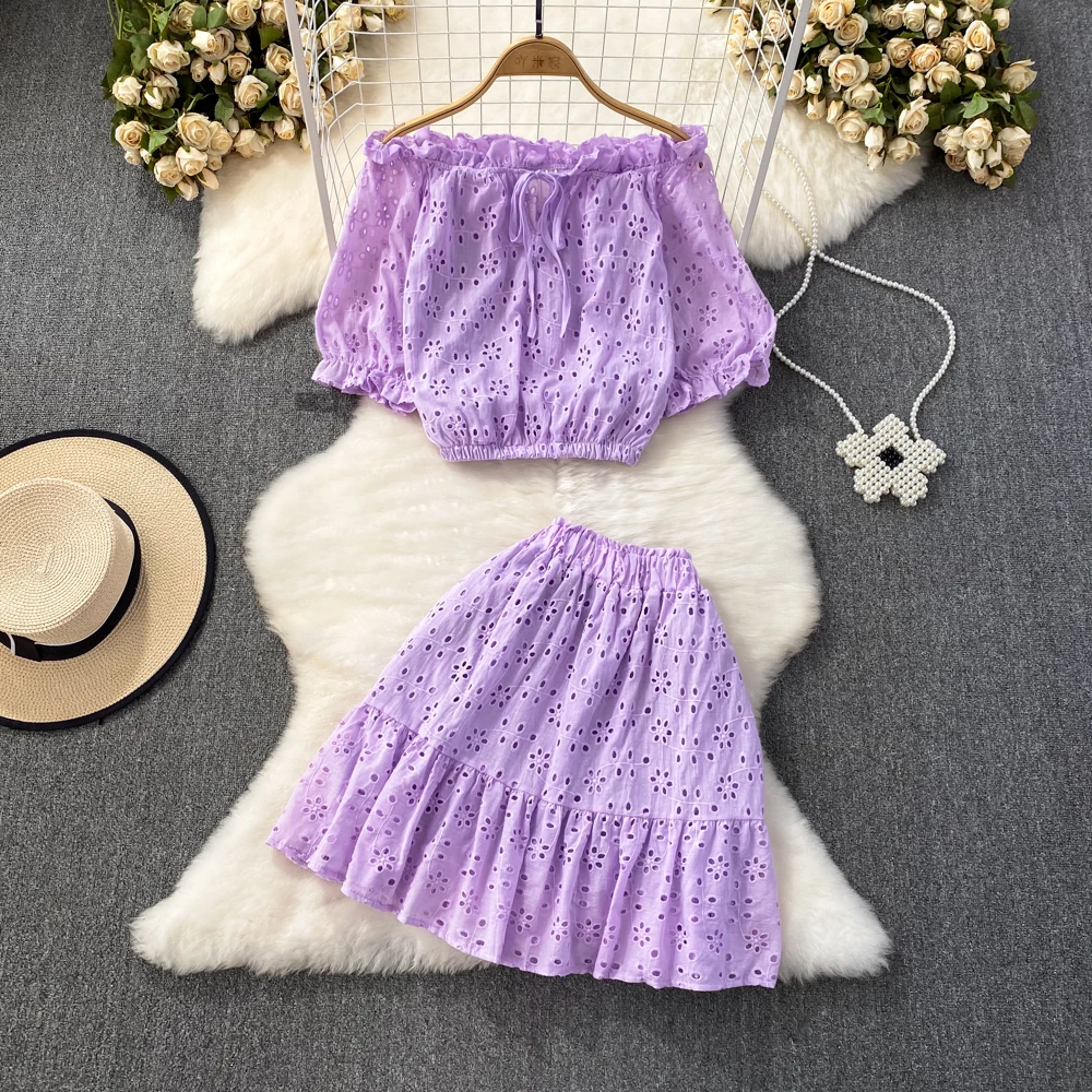 

Fashion Women Summer Suit Solid Color Off The Shoulder Hollow Out Tops And High Waist Mini Skirts 2 Pcs Set Female Beach Clothes