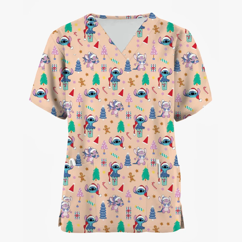 Nurse Uniforms Women Merry Christmas Print Short Sleeve Stitch Scrubs Working Medical Blouse Overalls Uniforms Medical Nursing