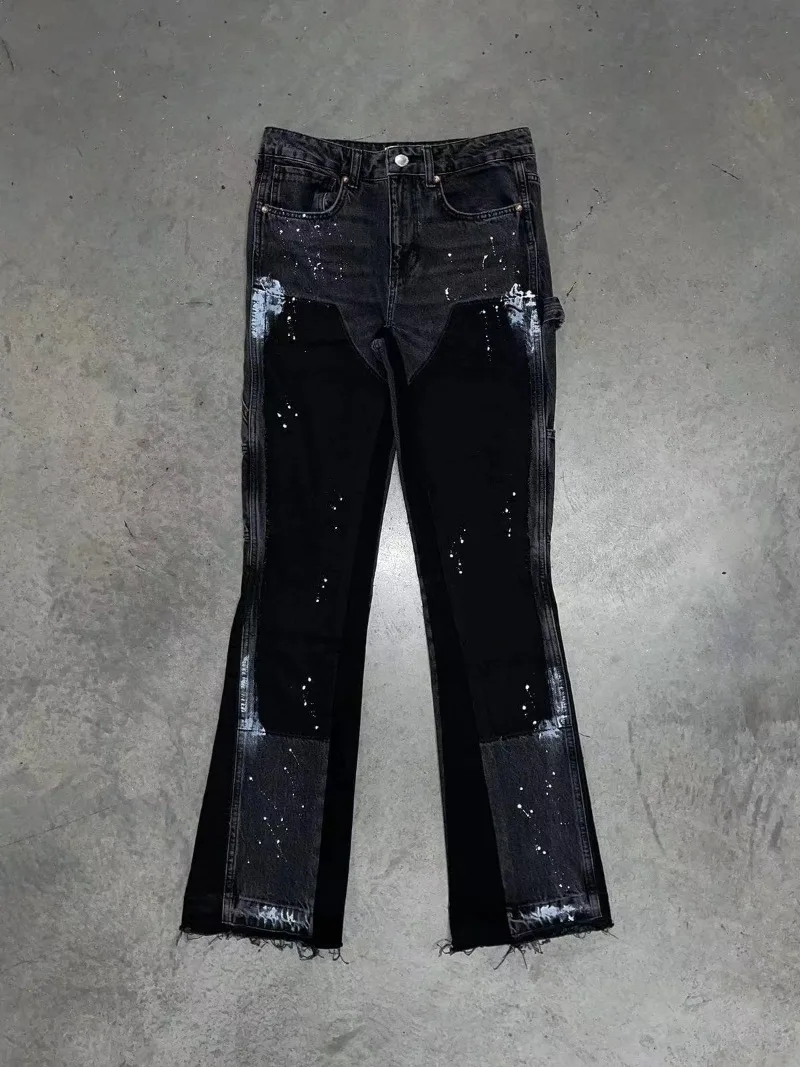 American retro design sense furred edge micro flared jeans men Y2k dark pants new low waist splicing elastic floor length pants 3