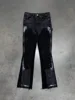 American retro design sense furred edge micro flared jeans men Y2k dark pants new low waist splicing elastic floor length pants 3