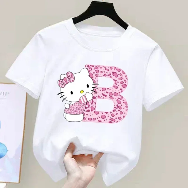 Camiseta de manga corta de algodón para niños con letras de Hello Kitty, camiseta de verano para niños de Sanrio, ropa suave con forma de corazón para niñas, regalo de cumpleaños kawaii