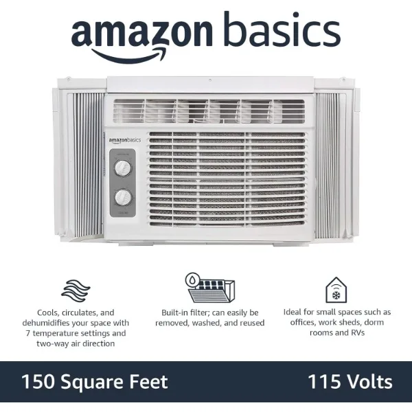 Basics Window Mounted Air Conditioner with Mechanical Control Cools 150 Square Feet, 5000 BTU, AC Unit, White