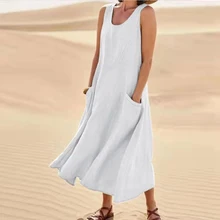 Cotton Linen Sleeveless Dress for Women Summer Pullover Skirt Vestidos Fashion Female Clothing Short Sleeved Loose Long Dress