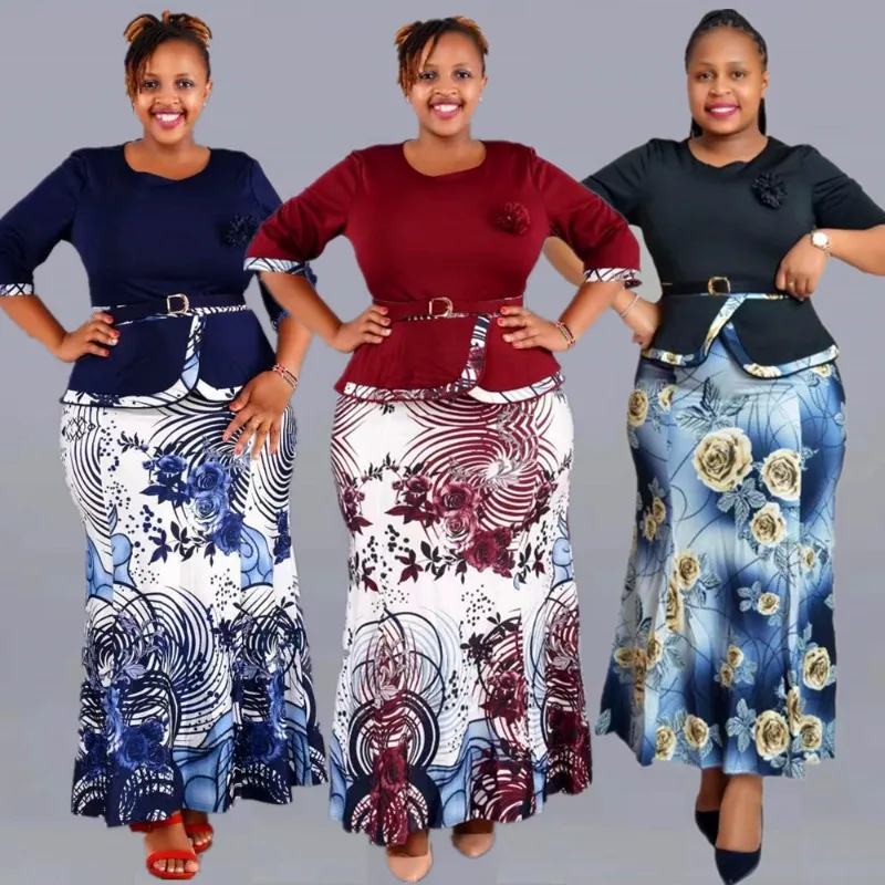 Christmas Two Piece Set Tops Skirt African Dresses For Women 2XL-6XL Plus Size Clothing Dashiki Robe Femme Party African Clothes