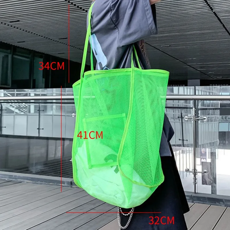 Women Transparent Mesh Single Should Ins Winder Bag Fashionable Lightweight Portable Shopping Travel Beach Mesh Net Tote Handbag images - 6