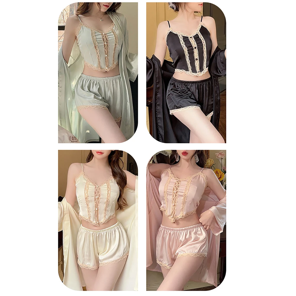 3PCS/Set Luxury Ice Silk Satin Women's Pajama Sets Sexy Lace Patchwork Spaghetti Strap Crop Top With Padded+Sweet Shorts+Robe