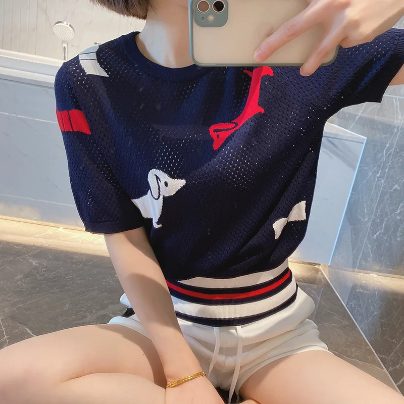 

High Quality Korean Style TB Spring/Summer TB Short Sleeve T Cut Out Moe Dog Bow Contrast Ice Silk Knit Women's Top Trend