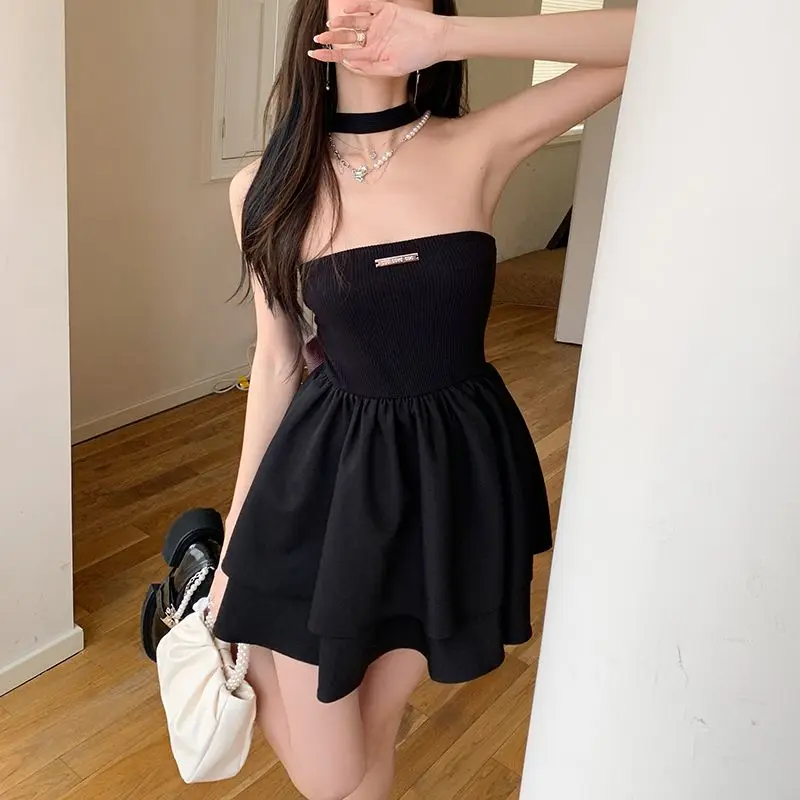 

Backless Hollowed Out Bow Hanging Neck Women Mini Puff Dress 2023 Summer New Sexy Spice Cute Sweet Girl Harajuku Holiday Outfits