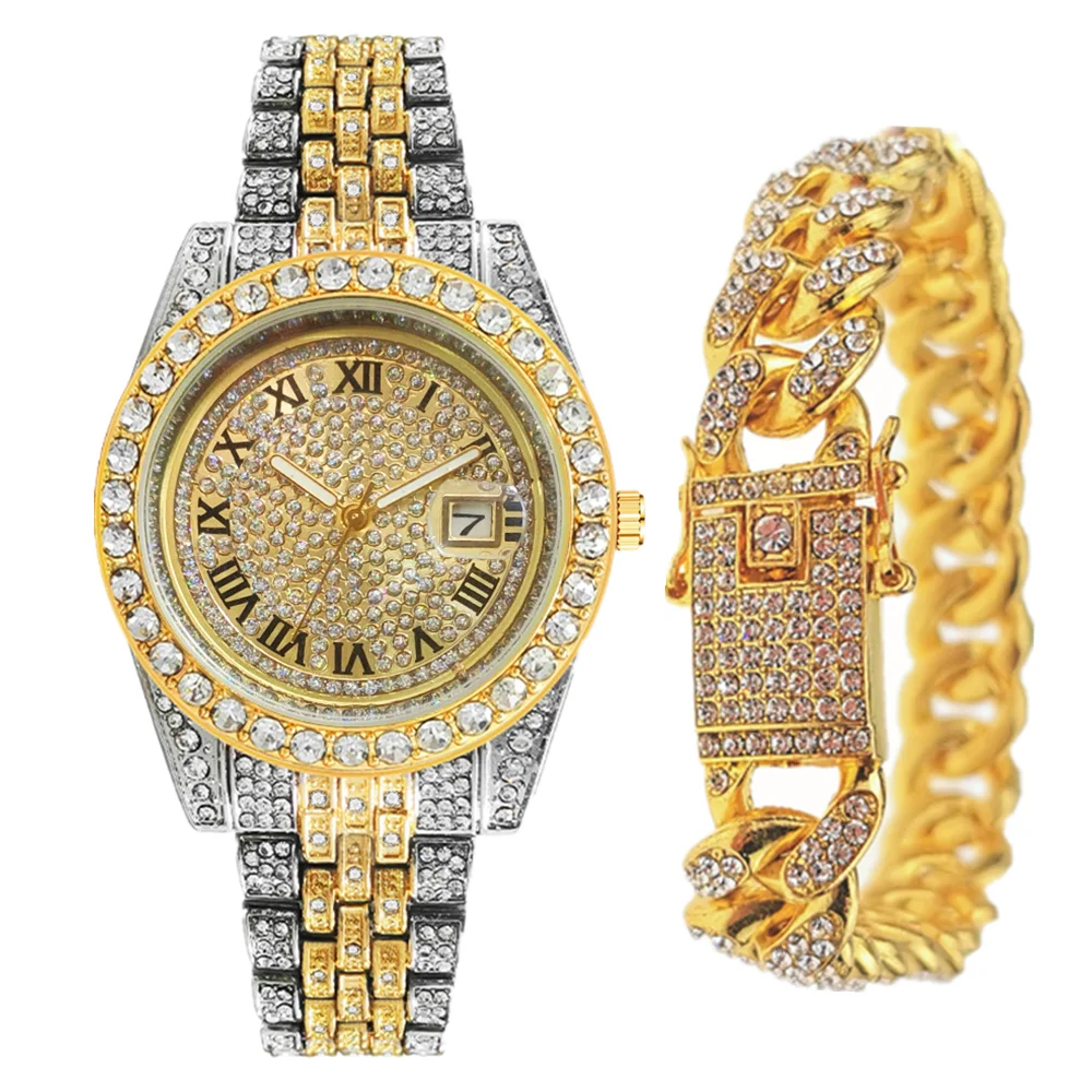 2pcs Full Iced Out Watches Mens Bracelet Bling Luxury Watch Blue Jewelry for Men Gold Watch HipHop Jewelry Men Watch Set Clocks
