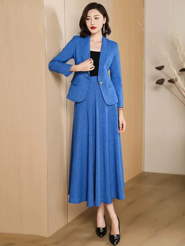 New Women Elegant Skirt Suits Spring Autumn Fashion Classic Single Button Slim Short Blazer and A-Line Long Skirt Two-pieces Set