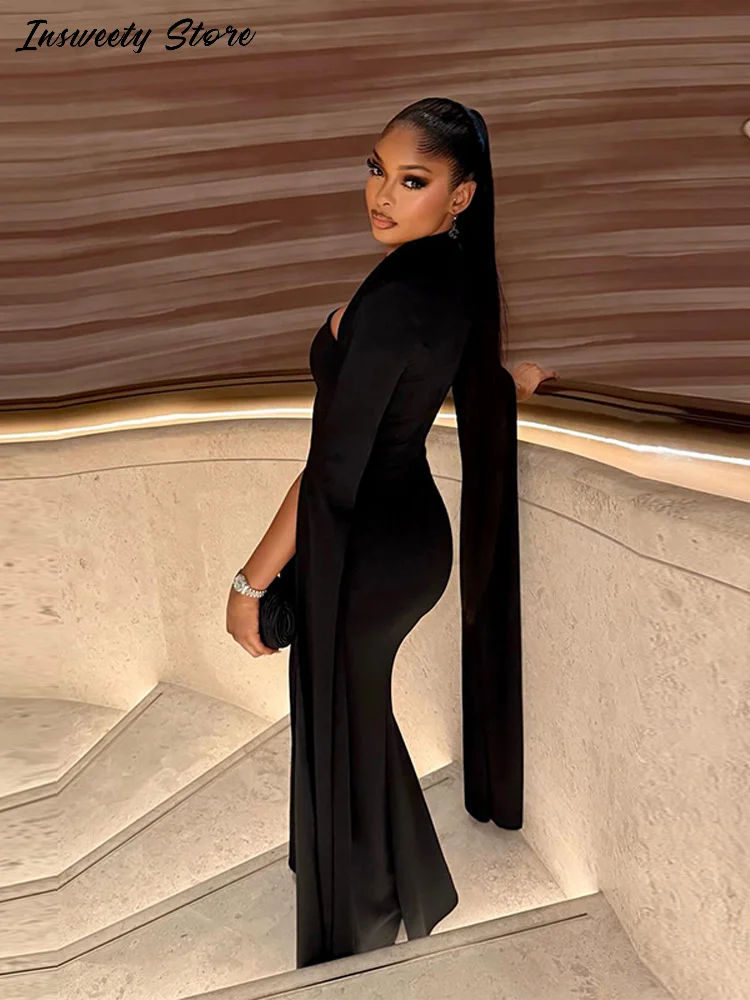 فستان سهرة خمري طويل بكاب