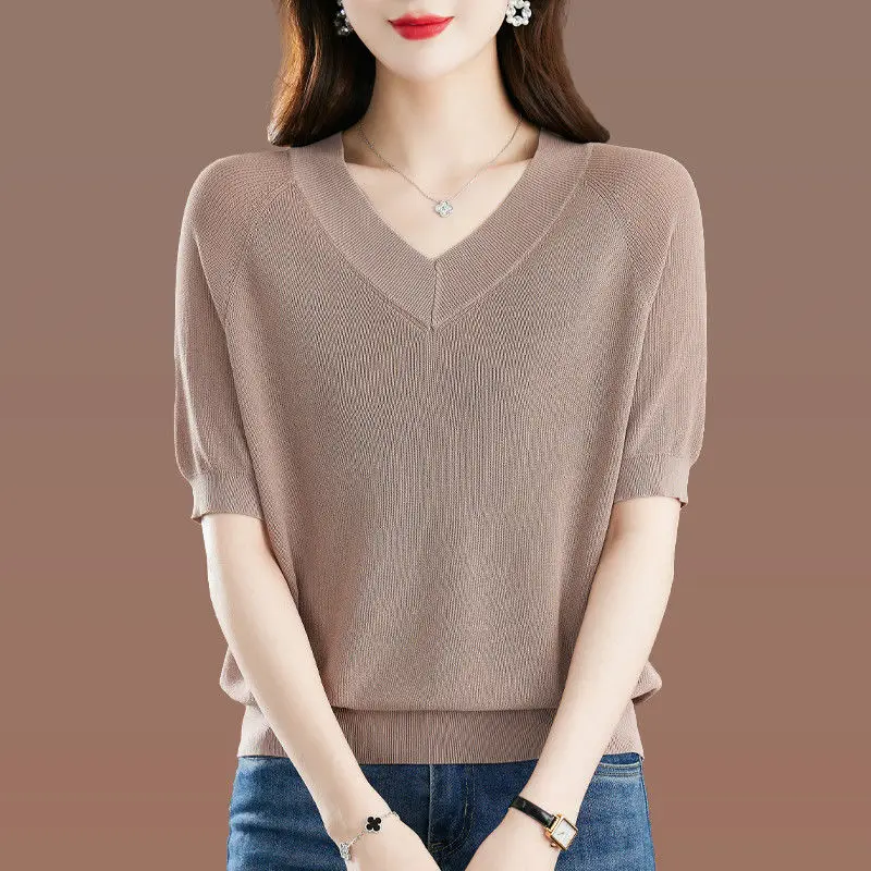 

Summer New Ice Silk V-Neck Short Sleeved T-shirt Women's Solid Patchwork Korean Fashion Casual Trend Loose Age Reducing Thin Top