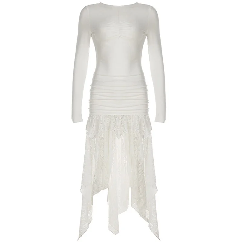 y2k Lace Patchwork Dress Women Clothes Round Neck Long Sleeve Backless Asymmetrical Hem Long Dresses Party Dresses