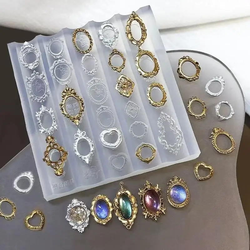 레트로 사진 프레임 보석 바로크 쉘 조각 3D 릴리프 매니큐어 템플릿 네일 아트 투명 실리콘 네일 몰드