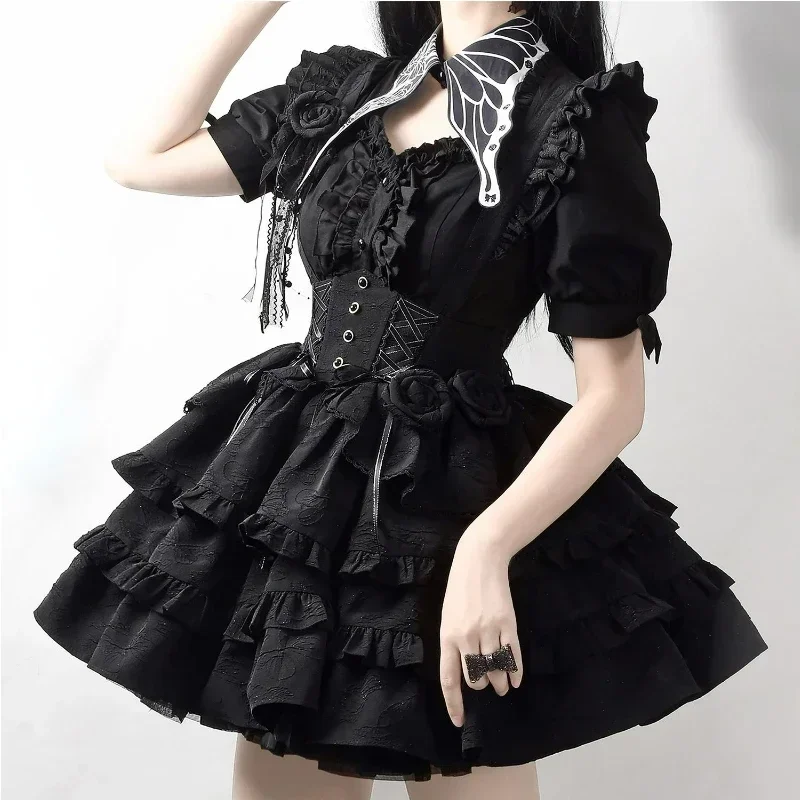 Japanese Victorian Gothic Lolita Dress Women Punk Style Rose Bow Sleeveless Bandage Strap Dresses Harajuku Y2k Party Mini Dress lolita dress lolita cosplay costumes