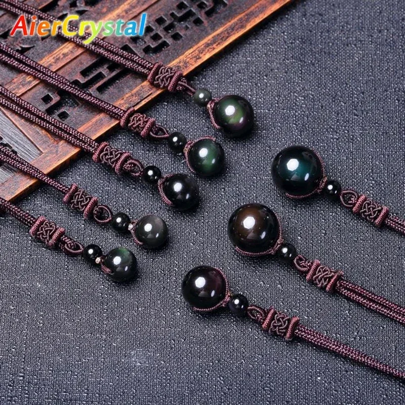 Rainbow Eye Obsidian Bead Pendant Round Ball Crystal Necklace Adjustable Rope Natural Crystal Jewelry Stone Souvenir Gifts