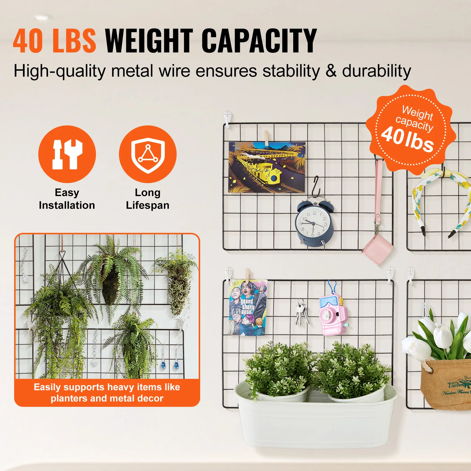 VEVOR Grid Wall Panels 4 Packs Wire Wall Grid Storage Organizer Metal Panel for Photo Pictures Display with Hooks