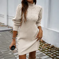 2025 Autumn Women Sweater Dresses Pearls Round Neck Long Sleeve Hip Wrap Dress Winter Elegant Ladies Casual Solid Slim Fit Dress