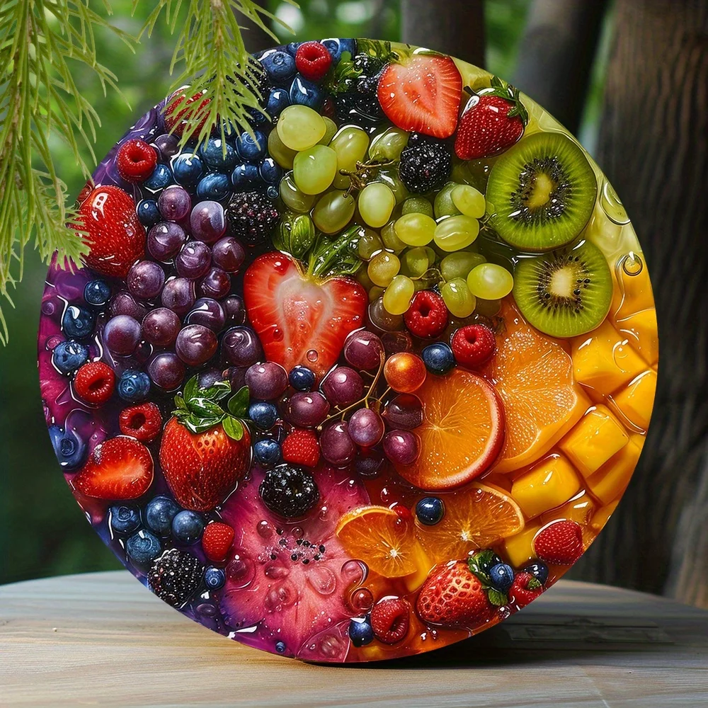 

Aluminum Tin Sign Faux Resin Painting Round Wreath Decorative Sign Bedroom Decoration Mothers Gifts Fruit Salad Theme Decoration