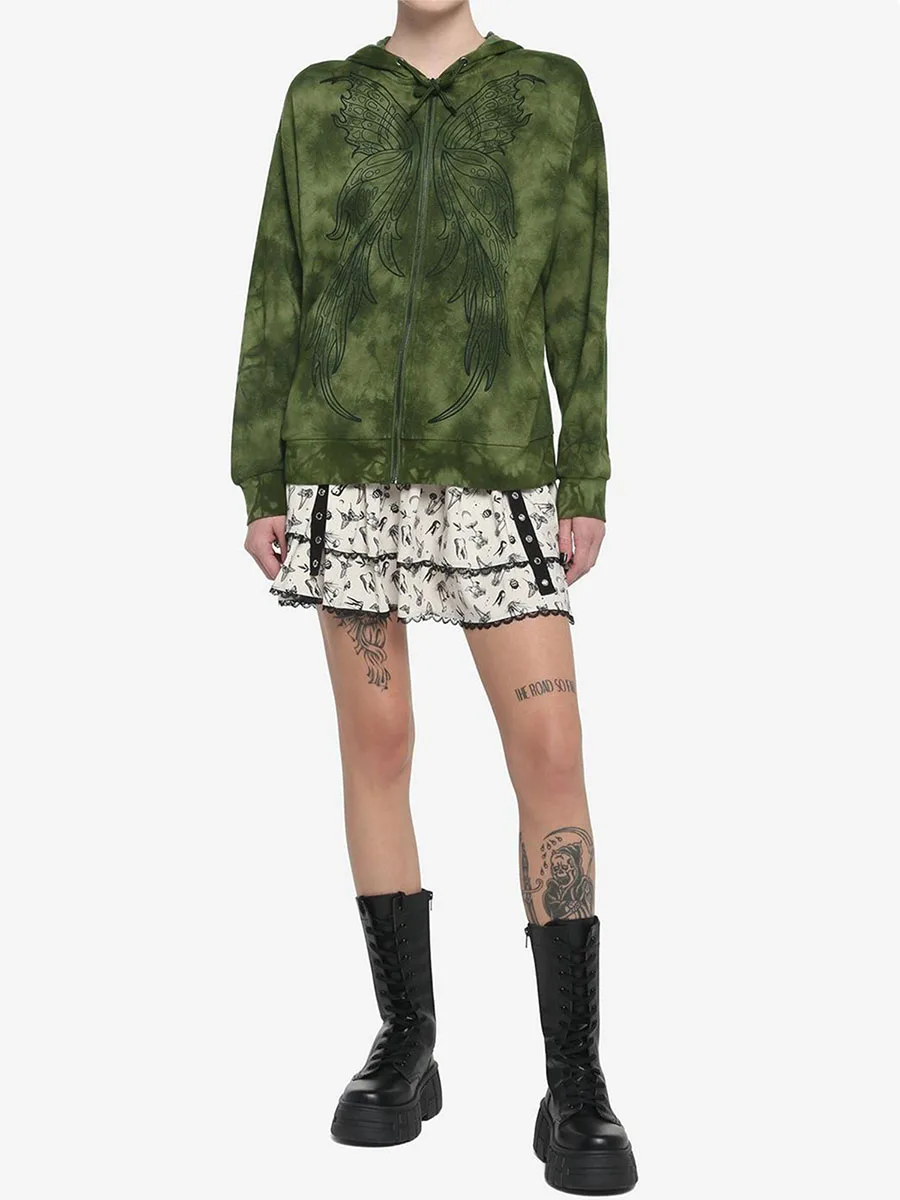 

Women's Y2k Butterfly Print Zip Up Hoodies Mori Style Dark Green Long Sleeve Fairy Wings Sweatshirts Jackets Streetwear Tops
