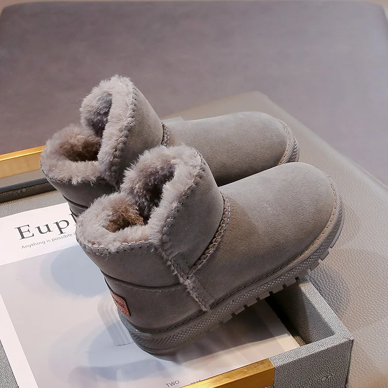 3-18 Years Old Children's Snow Boots Gray Padded Thickened Fur One Boys Girls Cotton Shoes Black Hundred Kids Short Boots Shoes 3