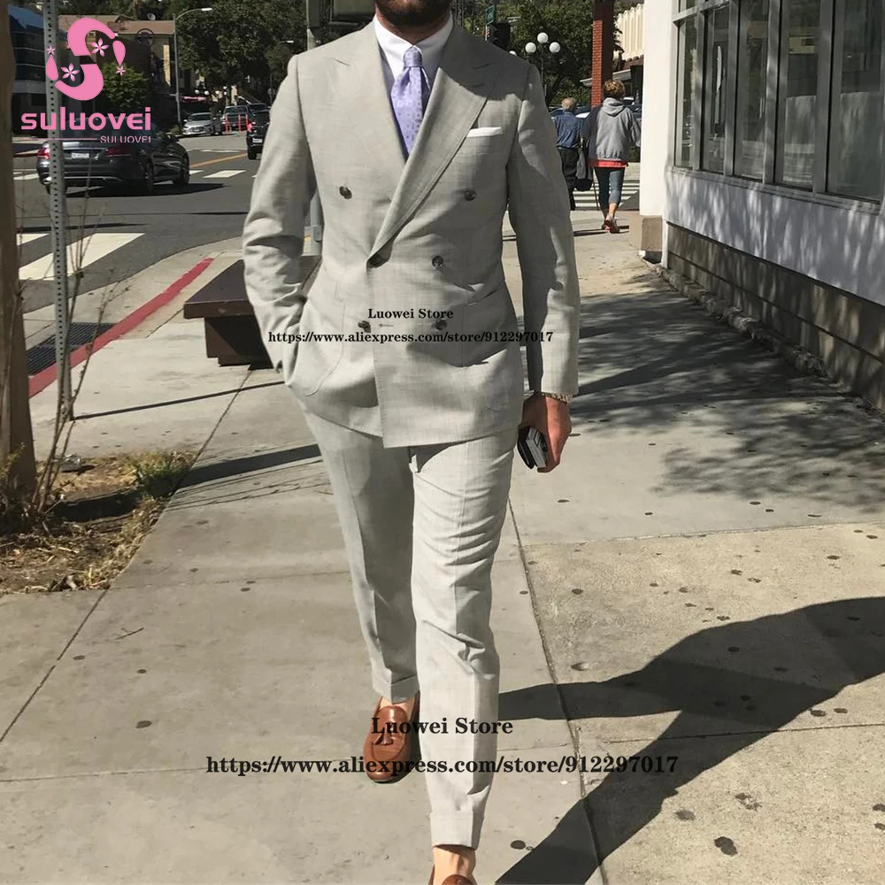 

Fashion Double Breasted Suits For Men Slim Fit 2 Piece Jacket Pants Set Business Blazer Formal Groom Wedding Peaked Lapel Tuxedo