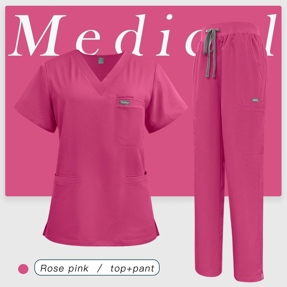 V-Neck Scrubs Top Straight Pants Uniforms Set Medical Nurse Uniforms Hospital Dentist Overalls Pharmacy Work Clothes Pocket Suit