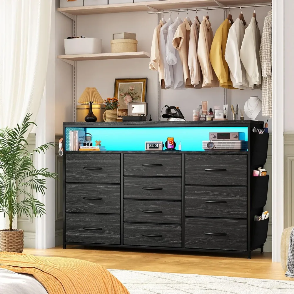 10 Drawer Dresser for Bedroom with Wood Open Shelves，55" TV Stand for Bedroom with Power Outlets and LED Lights，Fabric Dressers 2