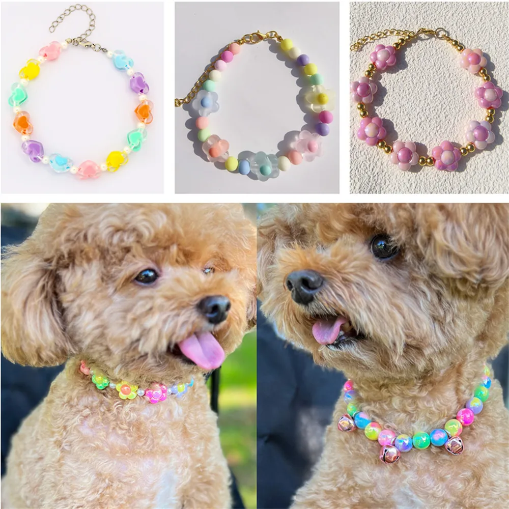 Charming Candy-Colored Pearl & Flower Bead Pet Necklace with Adjustable Alloy Chain