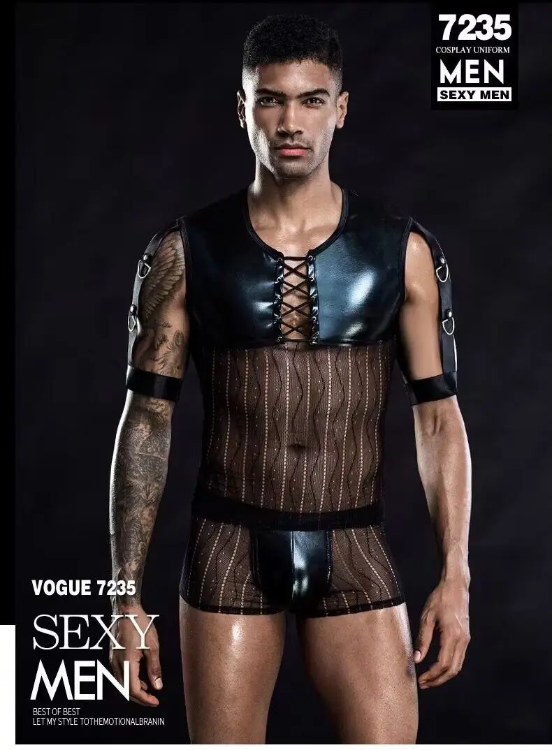 

Adult Nightclub Sexy PU Bar Waiter Gay Uniform Black Cosplay Sexy Front Lace-up See-though Mesh PU Sexy Men Costumes Suits