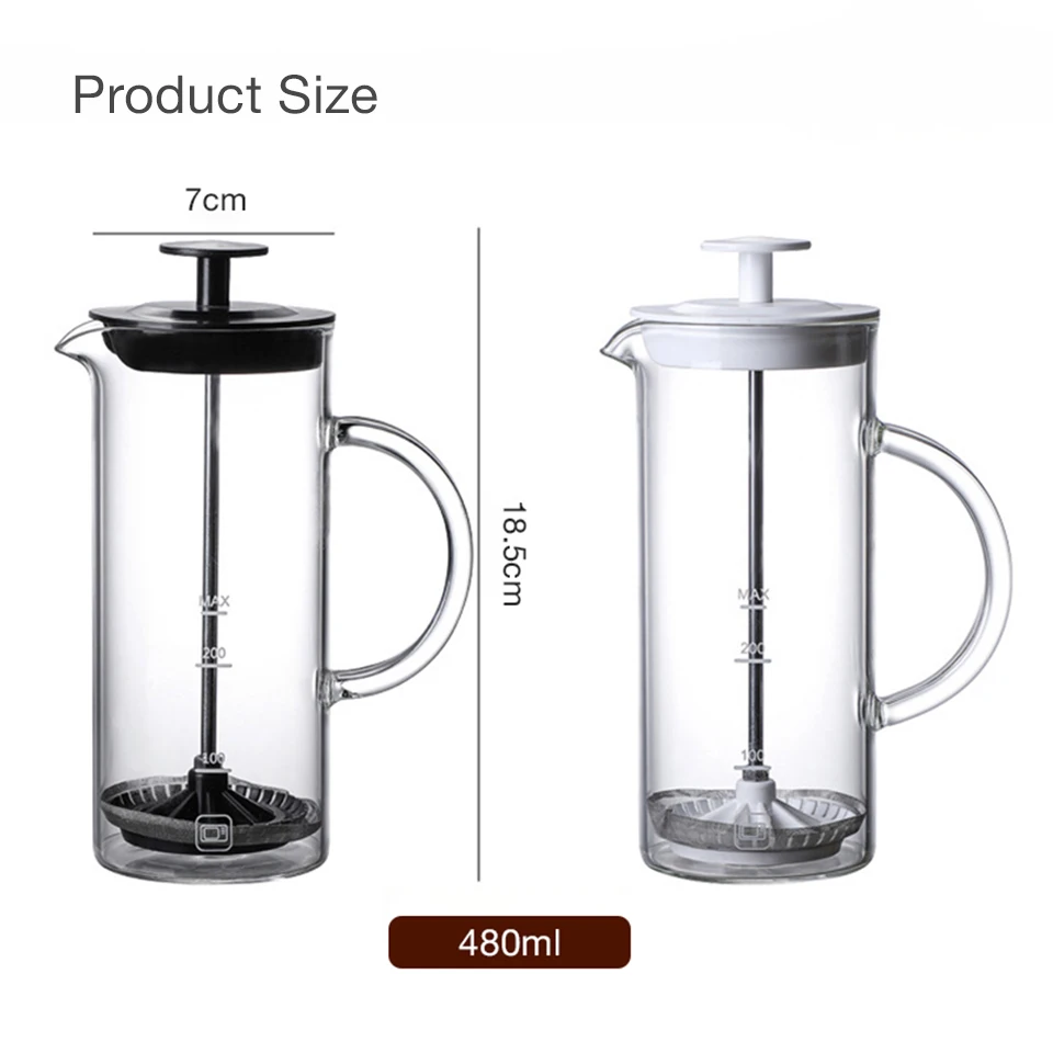 ULTNICE Manual Milk Frother Bubbler Glass Coffee Pot Handheld Milk Foam  Maker Coffee Milk Whisk 480ml Black