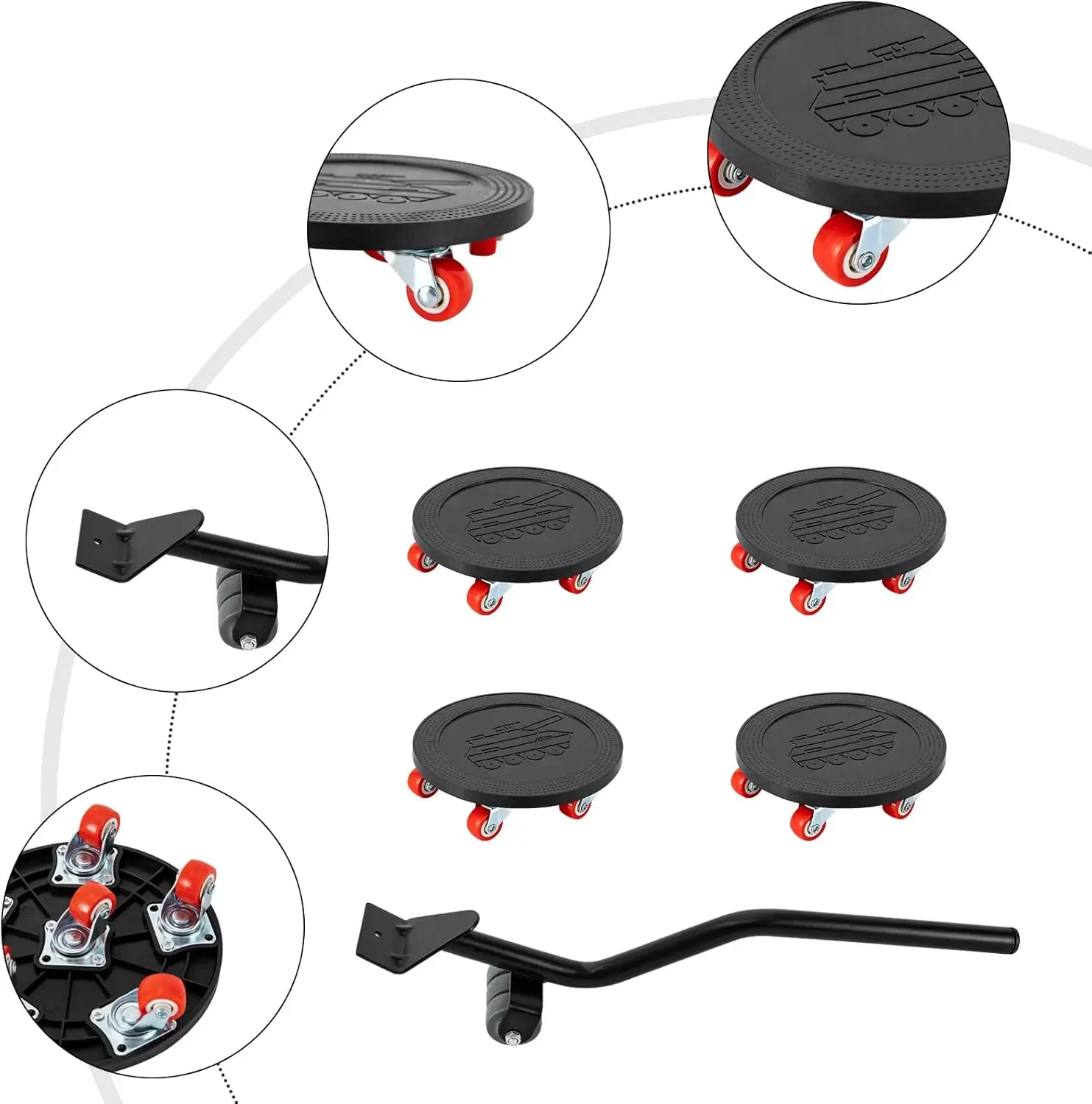 360 ° Drehbare Möbelrollen mit 6 Transportrollen, Möbeltransportrollen-Set mit 4 Möbelrollen und 1 Lastheber – Detail 2