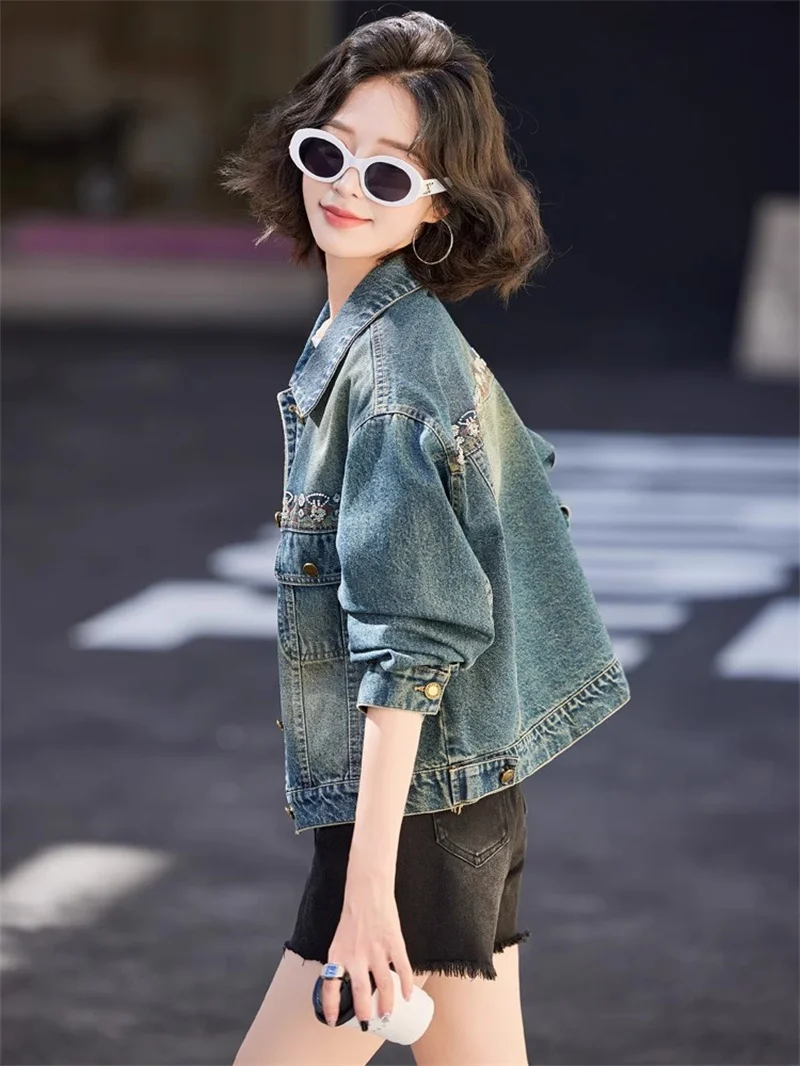 2025 Spring Sequin Embroidery Short Coat Female BF Loose Denim Jacket Tops Femme Jeans Jacket Female Blouses Outwear Autumn