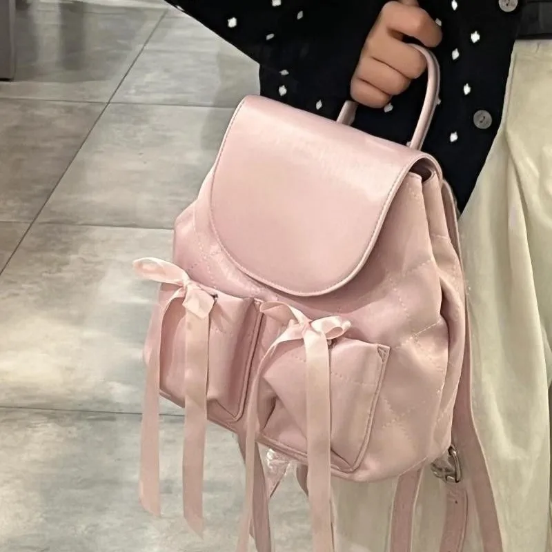 JIAERDI Sweet Cute Bow Backpack Women Ballet Style Ribbon Diamond Lattice Rucksack Ladies Elegant Gentle Casual Mochilas Mujer