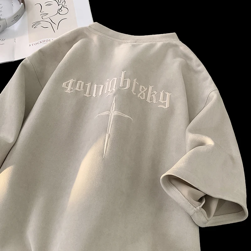 Suede Letter Embroidered T-shirts For Men High Street Vintage Drop Shoulder Oversized cotton t shirts