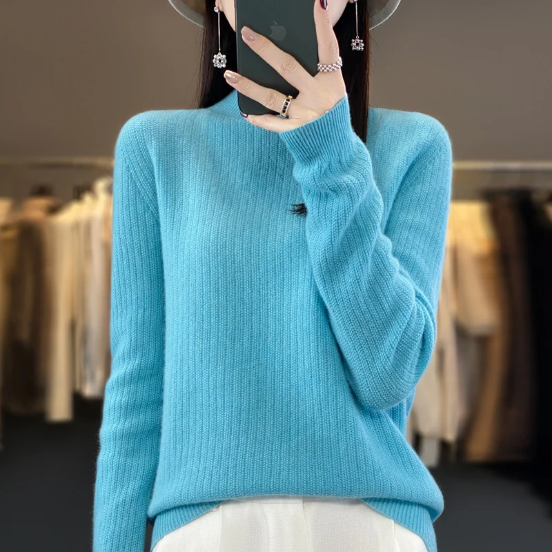

In autumn and winter of 2023, the new ladies' 100% pure wool solid color long-sleeved semi-high neck warm knitted sweate