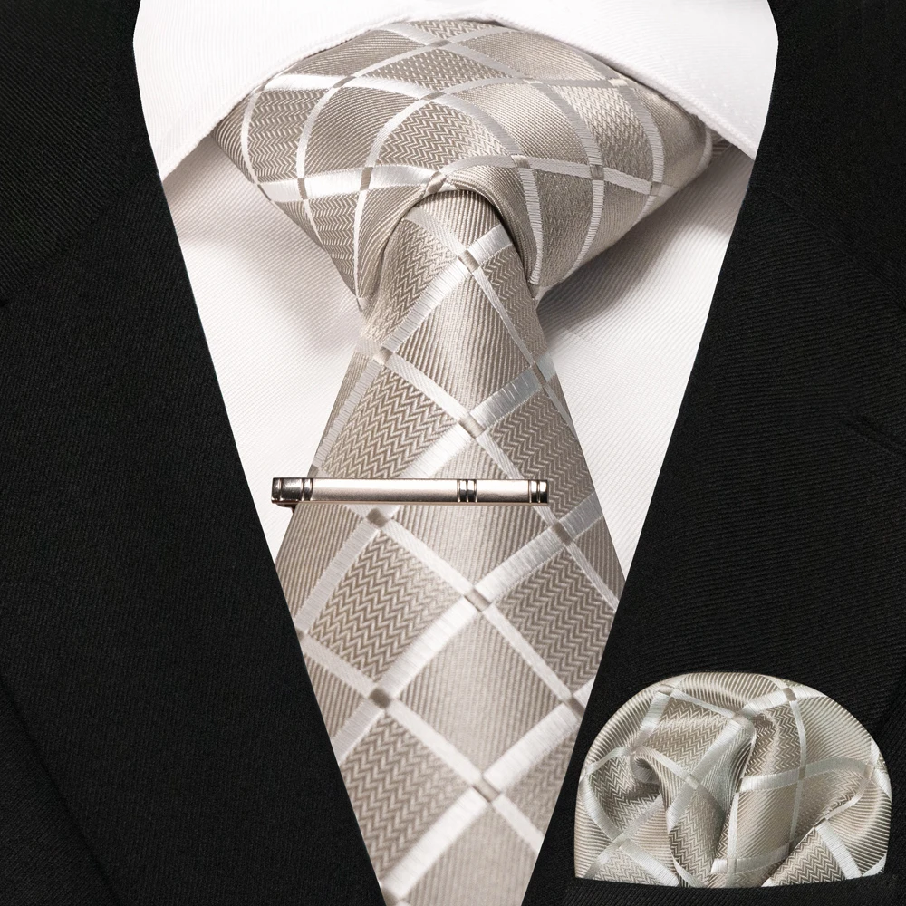 EASTEPIC Lila karierte Herren-Seidenkrawatte, 8 cm, Einstecktuch mit Metallclip, Einstecktuch-Set für Business, Party, Hochzeit, Geschenk – Detail 8