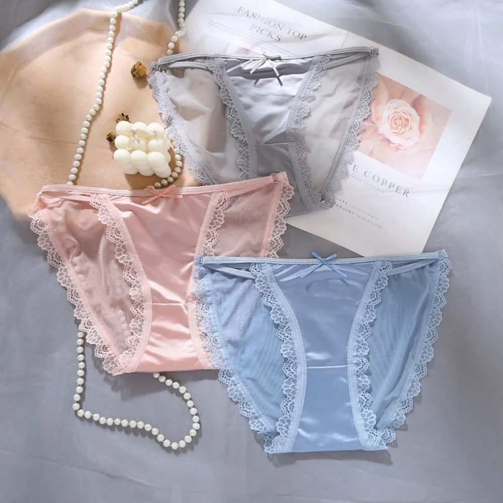 

Sweet Lace Panties Mesh Thin Belt Briefs Mid-waist Ice Silk Underpant Comfortable Female Lingerie