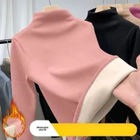 Sous-vêtements thermiques pour femmes, chemise inférieure à col mi-haut, couleur unie, col Semi-haut, manches longues, T-Shirt basique, pulls chauffants, hiver 5