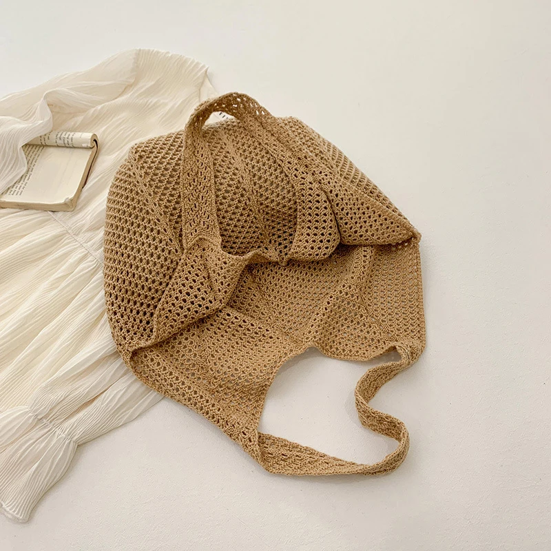 Women Crochet Tote Bag Fashion Hollow Out Knitted Bag Large Capacity Handbag Female Summer Beach Solid Color Woven Shoulder Bag