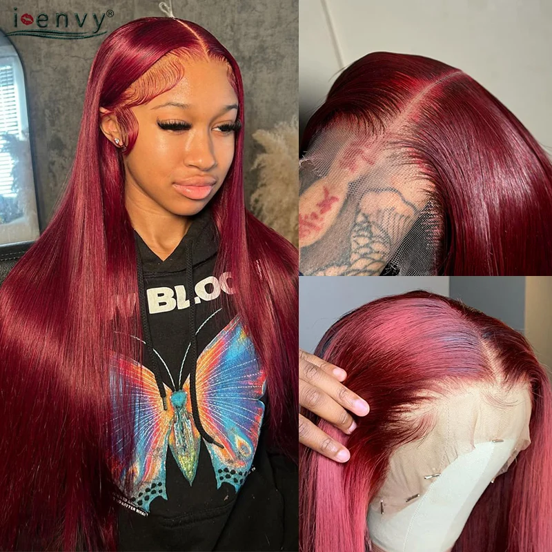 99J 버건디 본 스트레이트 레이스 프론트 인모 가발 13X4 13X6 인모 30 32인치 와인 레드 컬러 레이스 프론트 가발 프리플럭드