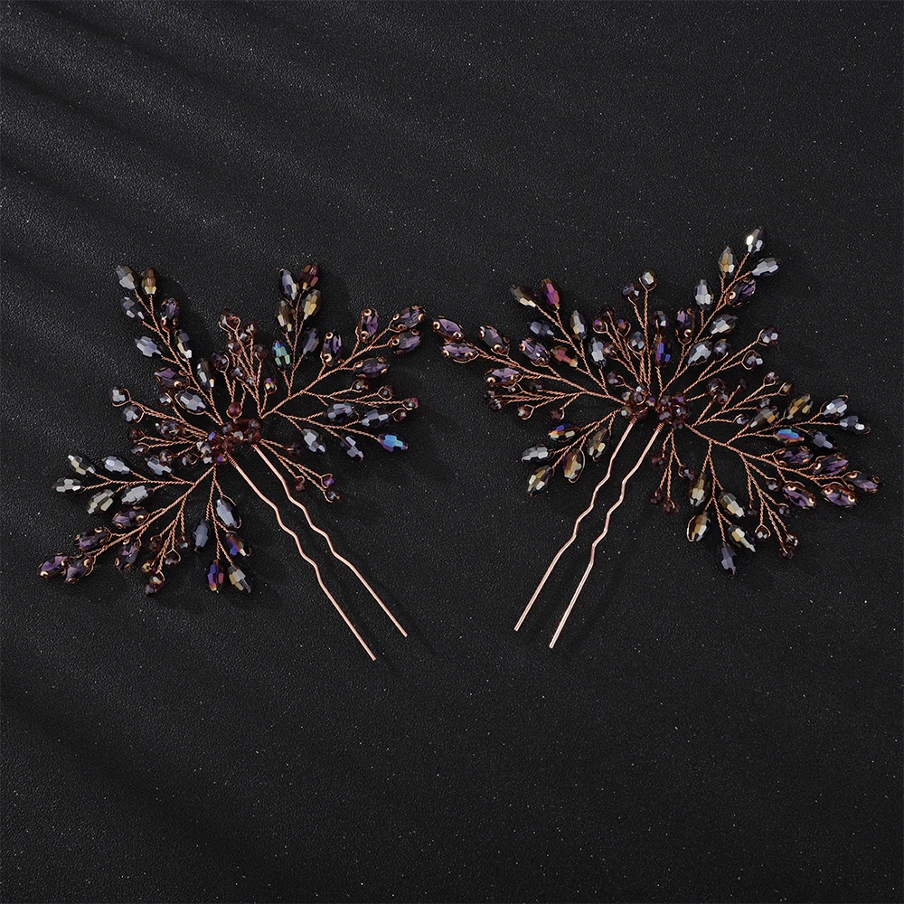 Trendy Rhinestone Crystal Bridal Hair Pins Handmade Purple Women Wedding Hairpins Accessories Silver Brides Jewelry Headpiece