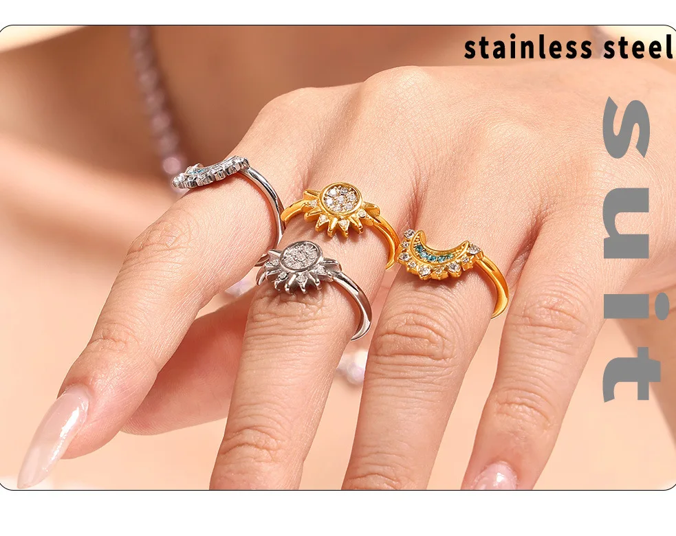 Luxus Edelstahl vergoldet Zirkon Ring Damen Trend Mond Sonne Paar Versprechen Fingerring Designer Schmuck Zubehör – Detail 2