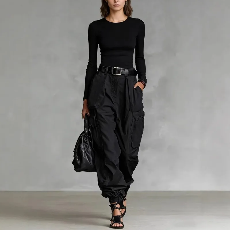 Vintage Casual Loose Multi Pocket Work Pants Vacation Solid Color Sports Pants Women Temperament with Ankle Cuffs Sweatshirt
